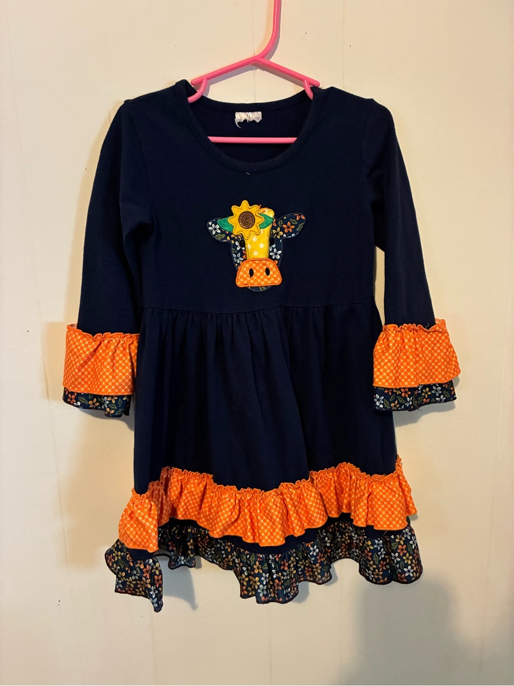 Girls Navy Dress with Orange Ruffle Cow girl